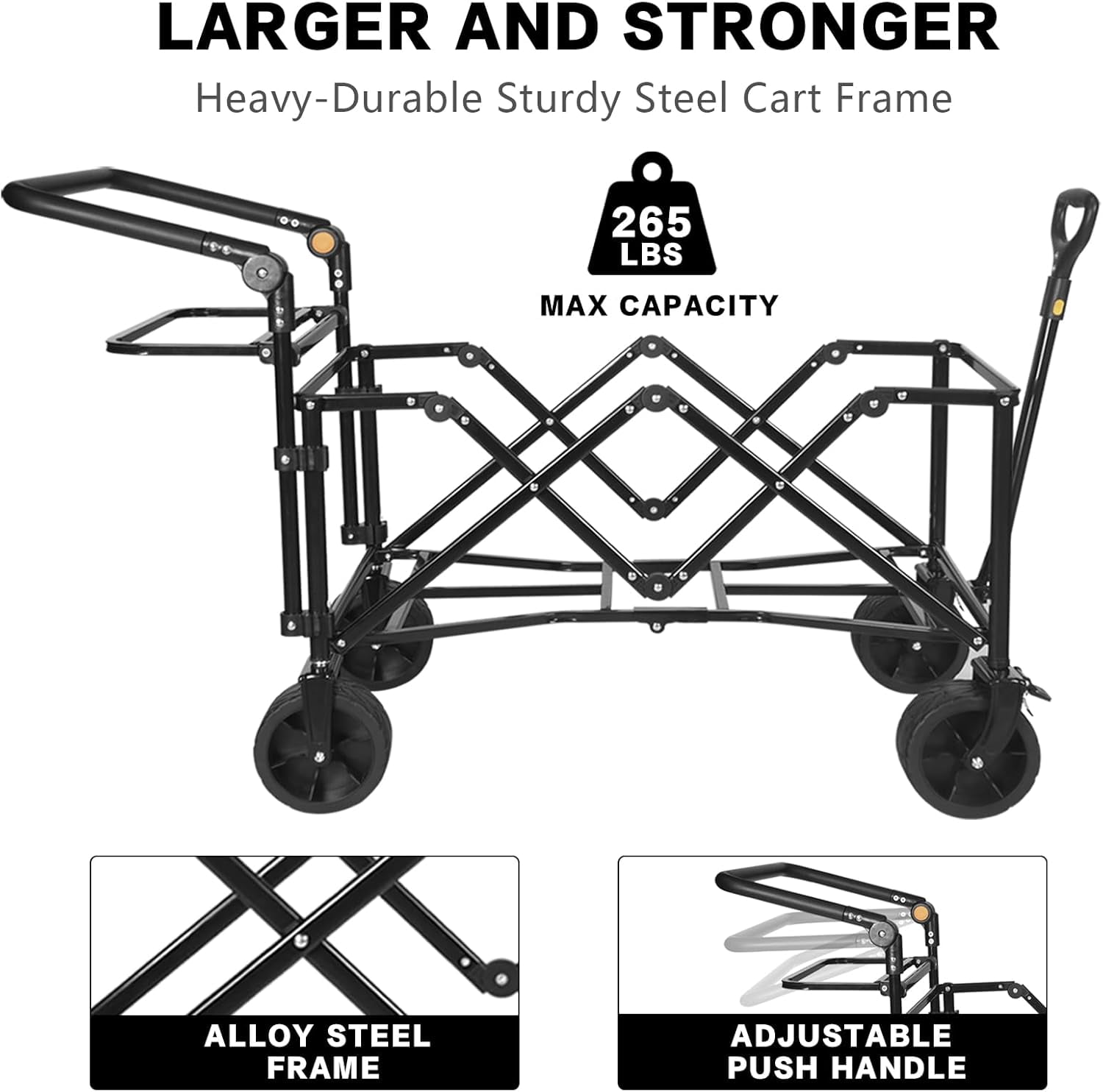 Collapsible Wagon Heavy Duty Folding Wagon Cart with Removable Canopy, 4" Wide Large All Terrain Wheels, Brake, Adjustable Handles, Cooler Bag Utility Carts for Outdoor Garden