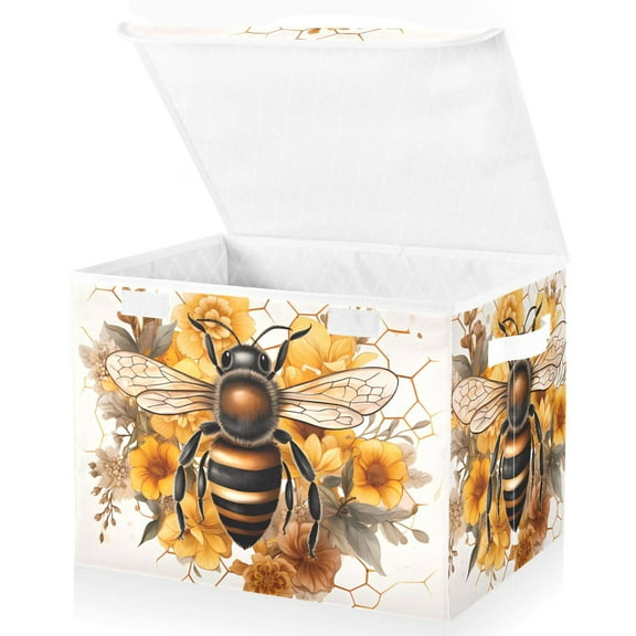 Large Lidded Bin Foldable Storage Baskets Bee with Honey Boxes Cubes Lids with 2 Handles for Home Bedroom Office 16.5"x12.6"x11.8"