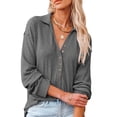 thumbnail image 2 of Blusa informal elegante de mujer con cuello vuelto, talla L, color gris, manga larga, escote en V, de punto, 2 of 6