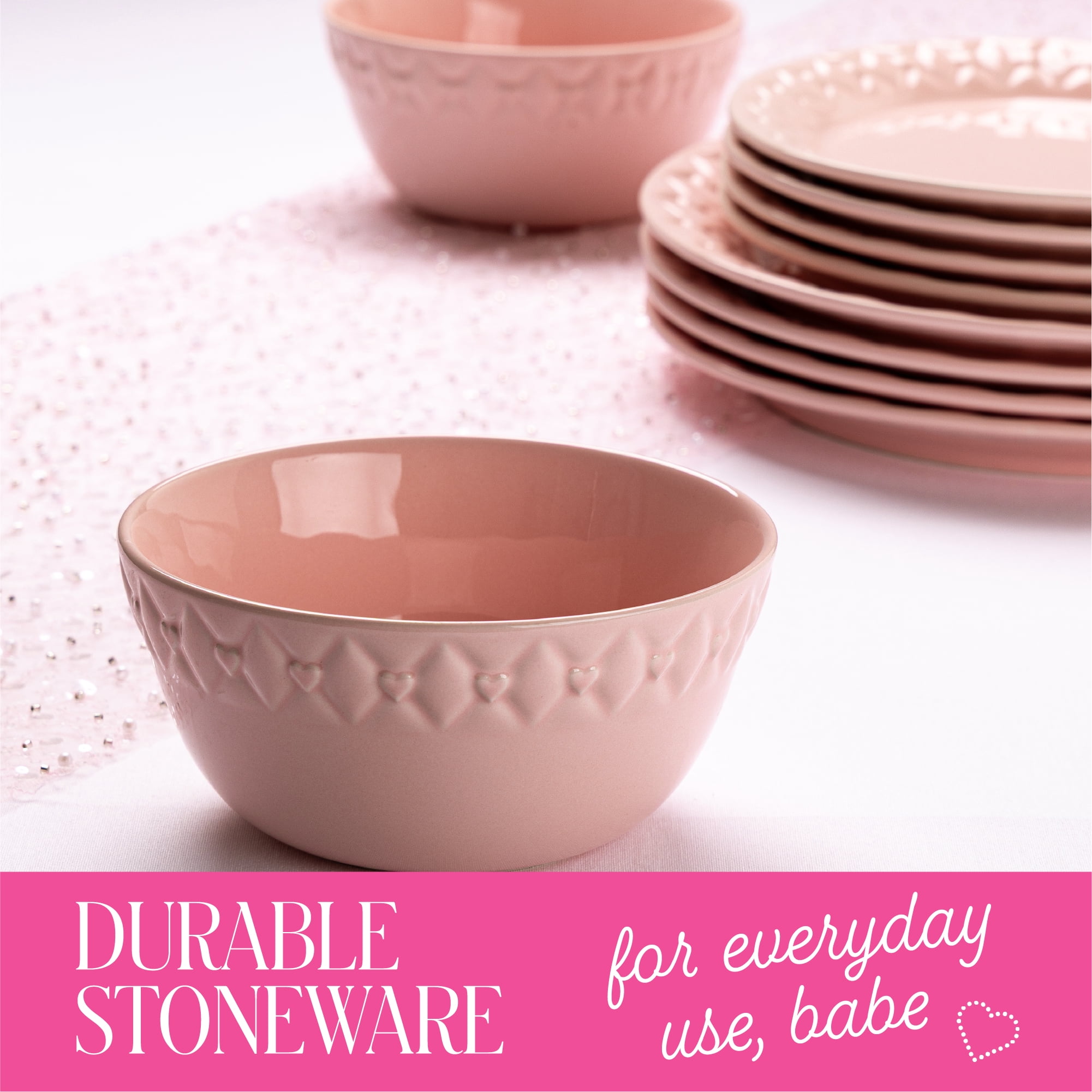 Paris Hilton Etoile Collection 12-Piece Stoneware Dinnerware Set, Plates & Bowls Dish Set, Service for 4, Microwave & Dishwasher Safe, Pink