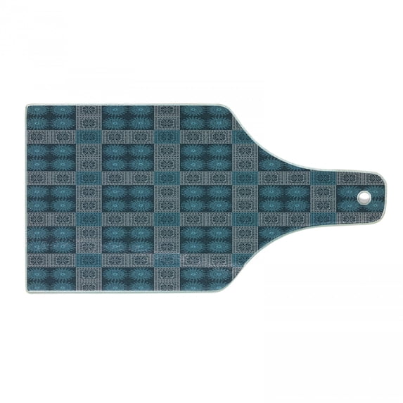 Geometric Cutting Board, Old Fashioned Lace Style Floral Motifs Victorian Baroque Effects, Decorative Tempered Glass Cutting and Serving Board, Wine Bottle Shape, Petrol Blue Pale Blue, by Ambesonne