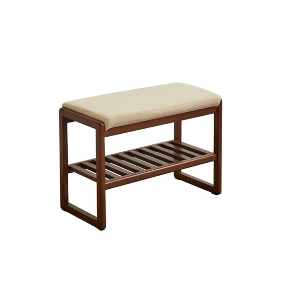 Hassch Solid Wood Shoe Bench with Beige Cushion, Entryway Bench with Storage Shelf, Shoe Rack Organizer, 23.62"L x 11.82"W x 16.54"H (Walnut)