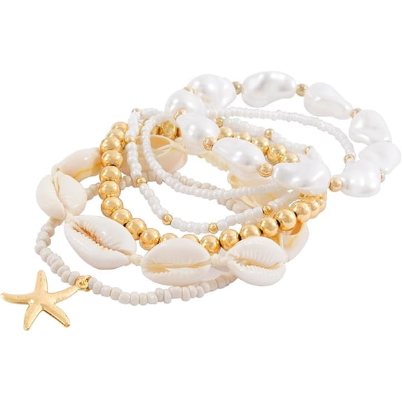 Duslogis Shell Bracelet Seashell Boho Beaded Stretch Bracelets for Women Summer Beach Bracelets Starfish Charm Bracelet Stackable Gold Plated Bracelets Set for Women