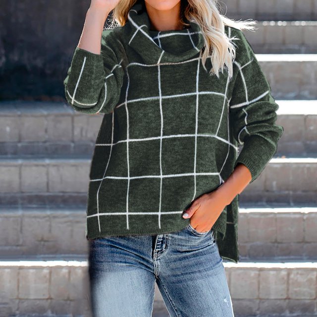 MKLEKYY Chandail Ample à Col Roulé pour Femmes et Hiver Mode à Carreaux