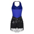 thumbnail image 4 of Loodgao Womens Jazz Latin Dance Outfit Halter Sequins Fringe Jumpsuit Tassel Leotard with Gloves Hat Blue L, 4 of 7