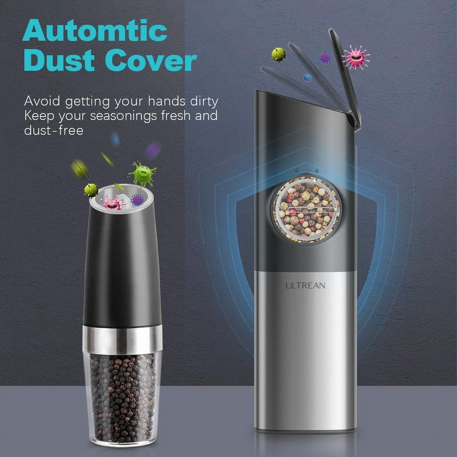 Ultrean Electric Salt & Pepper Grinder Sets, 2pcs Rechargeable, Adjustable, Stainless Steel Construction, Auto Dust Lids, LED one-hand operation