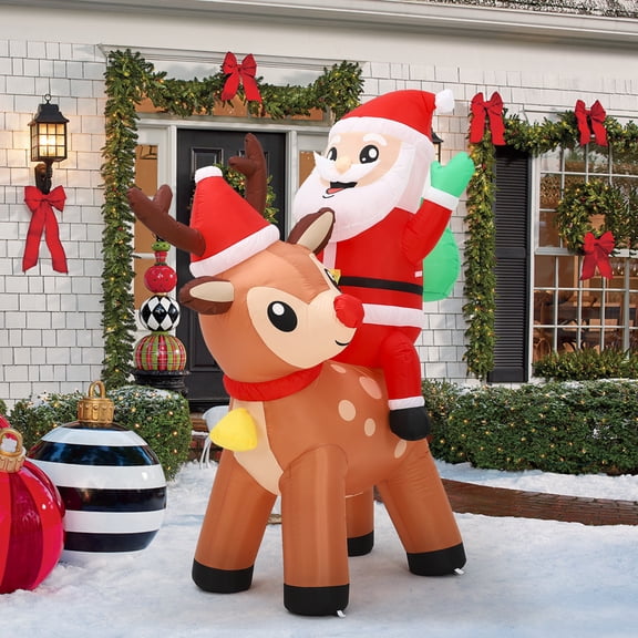 Ataucjin 7FT Christmas Inflatable Santa Claus with Reindeer, Blow Up Yard Decoration with Built-in Bright LED Lights, Indoor Outdoor Holiday Decor