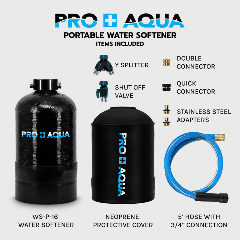 PRO+AQUA Portable RV Water Softener 16,000 Grain Pro Premium Grade, Trailers, Boats, Mobile Car Washing, High Flow 3/4 GH Ports