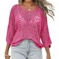 thumbnail image 4 of Womens Summer 3/4 Sleeve Off Shoulder Crochet Cover Up Top Sweater Shirts Mesh Boho Beach Swimsuit Coverup, 4 of 6