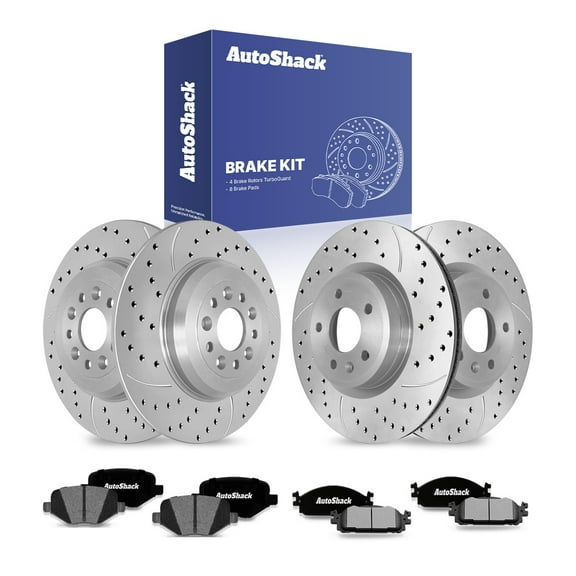 AutoShack Front Vented & Rear Solid Drilled & Slotted Coated Brake Rotors Silver Matte Finish   Ceramic Pads 12-PC Brake Kit Replacement for 2011-2019 Ford Explorer 2010-2019 Ford Taurus TurboGuard