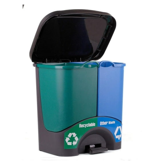CodYinFI Trash Bins - (17.5inW x 17.5inH x 13inD) - Double Bin - Green/Blue - Recycle, Trash, Can, Bin, Garbage, Plastic, Wastebasket, Adjustable, Removable, Home, Office, Durable