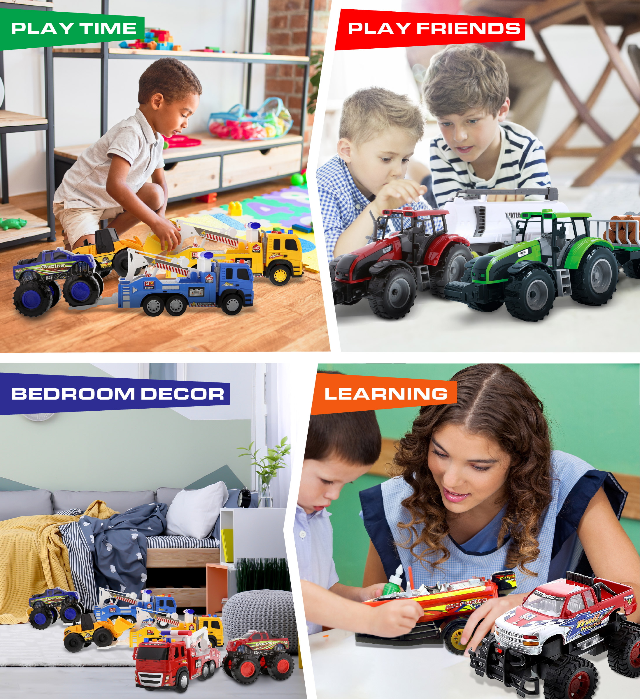 Mozlly Friction Powered Truck Toy Set – Includes 1 Monster Pick Up with Speed Boat, 3 Emergency Tow Trucks with Racing Trucks and 3 Farm Vehicles with Water Tank, Log Hauler, Tractor – Styles Vary - image 3 of 7
