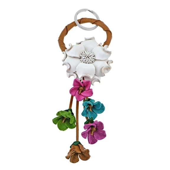 Floral Paradise Genuine White Leather Loop Keychain KeyFinder