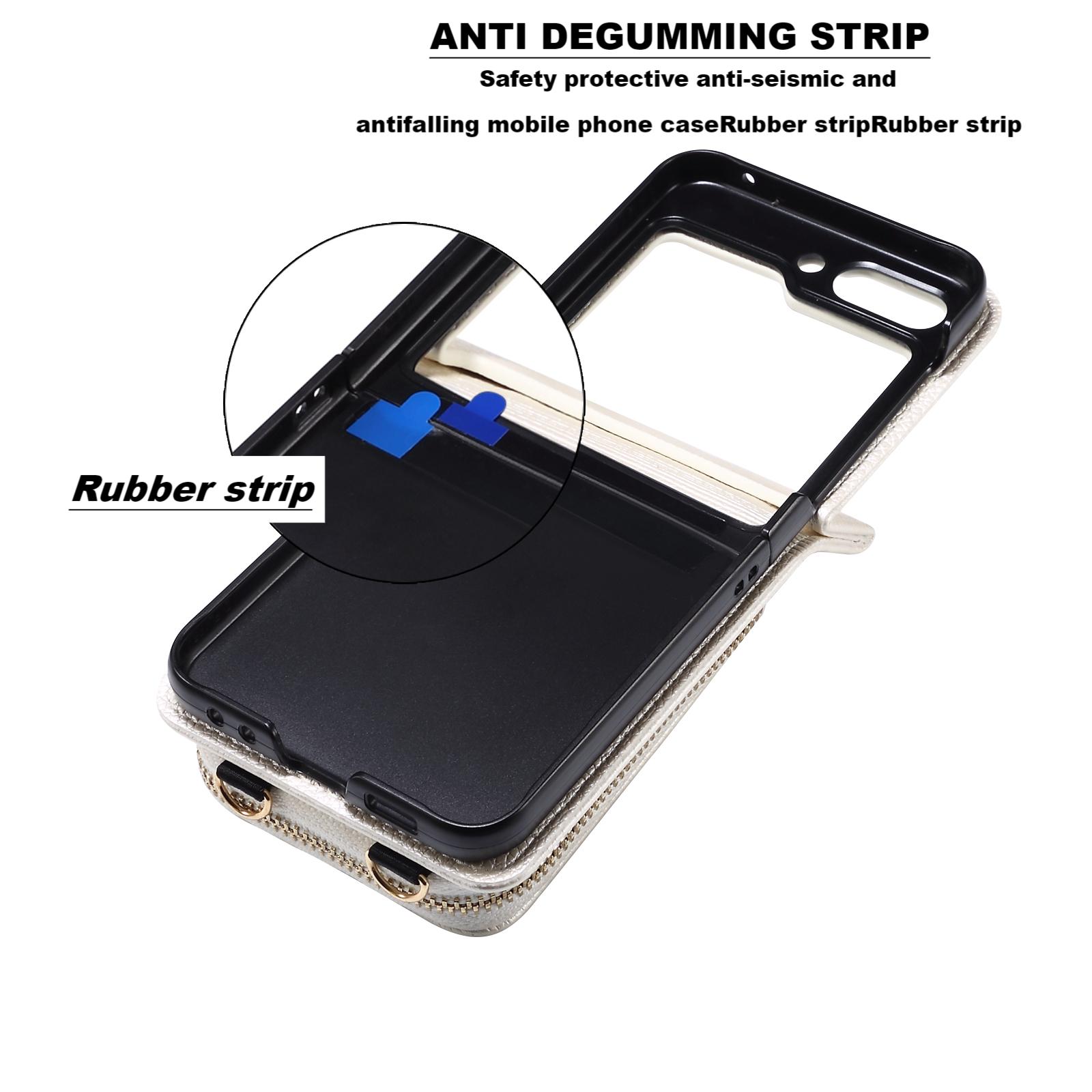 Allytechgroup Zipper Wallet Phone Case for Samsung Galaxy Z Flip 3, with Stylish Crossbody Strap Cards Slots RFID Blocking Shockproof Protective Luxury Case for Girls Women, White