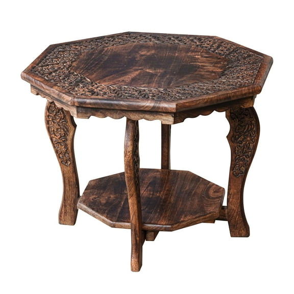 The Wooden Town Farmhouse Octagon Accent End Table, Rustic Side Table Nightstands for Living Room, Bedroom, Foldable Coffee Tables with Carving, Wood Tray Top, Handcrafted Finish, 24"x24"x18" - Burnt