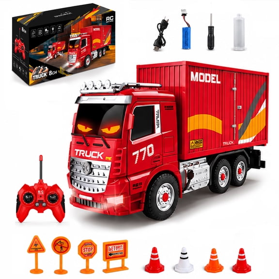1:20 RC Truck with Trailer, 8-Channel Remote Control Transport Truck Toy with Lights, Sounds & Spray Mist, Rechargeable Construction Vehicle for Kids Ages 3