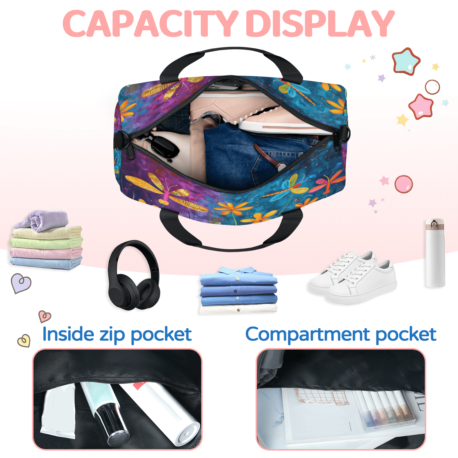 Herdesigns Colorful Dragonflie Flowers Gym Bag for Women, Duffle Bag for Travel Sport, Lightweight Waterproof Carry on Weekender Overnight Dance Yoga Workout Bags