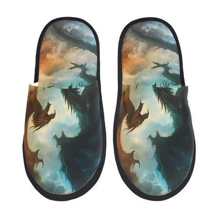 Balery Red And Blue Flame Wave Dragon Slient Indoor Furry Fleece Comfort House Shoes Soft Non-Slip Home Shoes Cotton slippers House Slippers-- Large