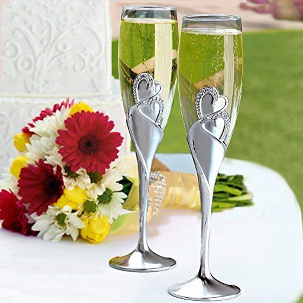 ZUARFY Wedding Wine Glasses Handmade Bride And Groom Toasting Flutes Wedding Accessories Valentine's Day Gift,Gold Hearts