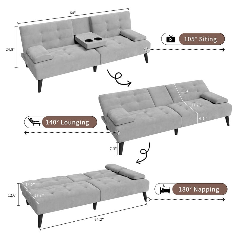 Walsunny Convertible Futon Sofa Bed, Foldable Futon Sleeper Sofa Bed with 2 Cup Holders, Folding Loveseat Recliner with 3-Angle Adjustment Modern Couch for Living Room, Small Space, Light Gray
