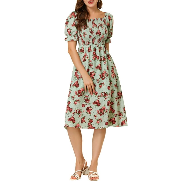 INSPIRE CHIC Robe pour Femme Smockée à Fleurs à Encolure Carrée Manches Courtes Bouffantes Printemps Été Robes Midi Vert TG