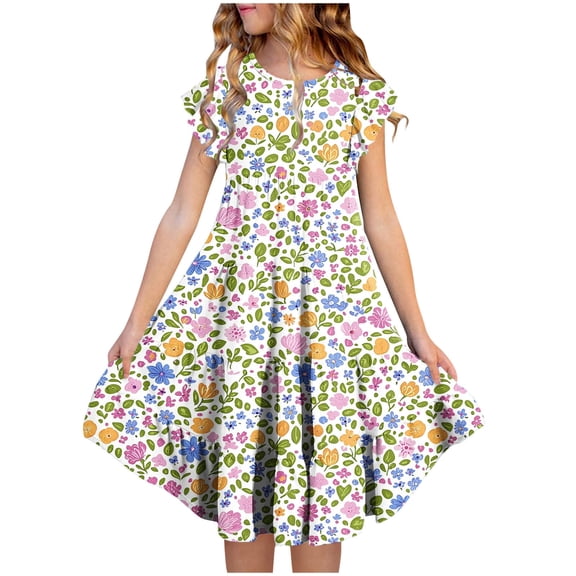 Girls Floral Dress with Pockets Summer Sundress for Kids Tiered A-Line Short Sleeve Casual Party Wear Soft Stretchy Breathable Pullover Multicolor 4-13 Years,Size 6-7 T