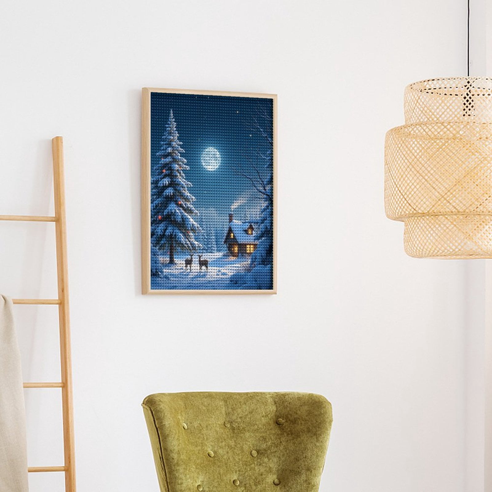 Diamond Art Kits for Adults, Winter Night Cabin Deer Moon Snow 5D Diamond Painting Kits for Adults Beginners, DIY Full Drill Diamond Painting, Gem Art and Crafts 12x16