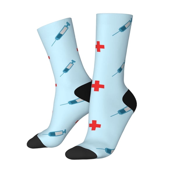 Fotbe Syringe And Red Cross Calcetas Largas con Estampado para Hombre y Mujer – Calcetas de Compresión Transpirables y Elásticas, Viajar y Uso Diario Talla 5-11