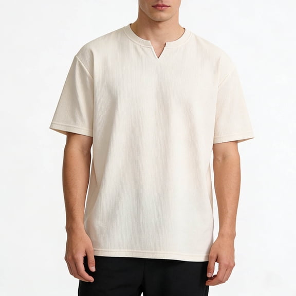 DPTALR Men's Versatile Textured V-Neck T-Shirt Loose Short Sleeve Daily Casual Wear,Beige, M