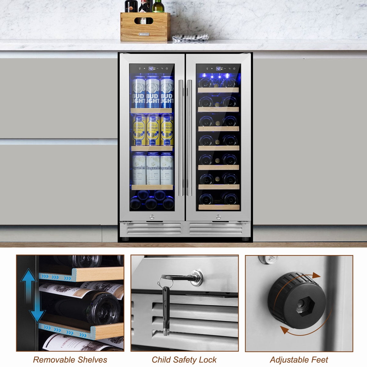 24" Wine and Beverage Refrigerator 20 Bottle 60 Can Dual Zone Built-In/Freestanding Classic Beverage Wine Cooler