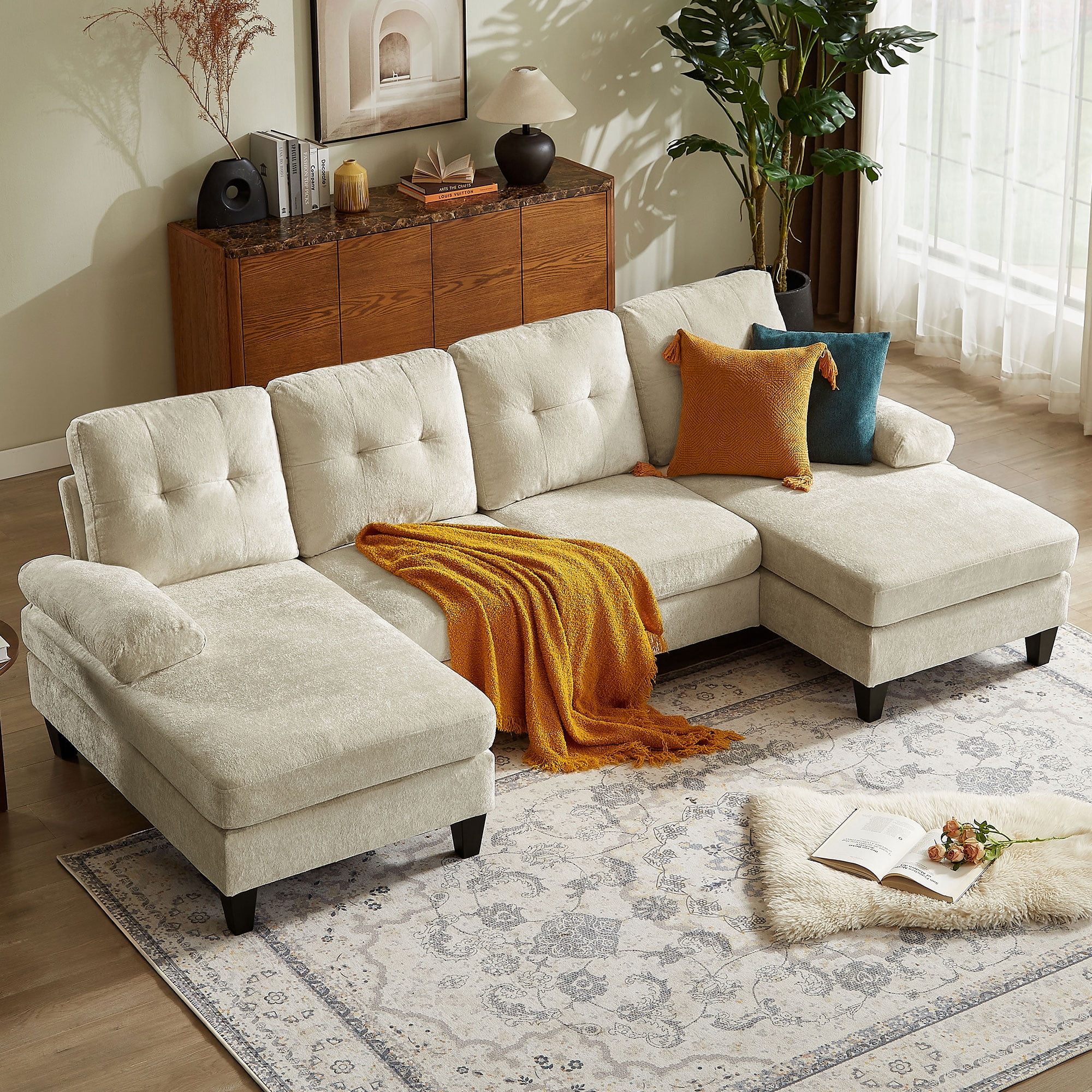 Pingliang Home 105" Sectional Sofa Couch with Oversized Double Chaises,Modern Chenille 4-seater U Shaped Couch,21" Deep Seat Sofa for Living Room Office Studio Apartment