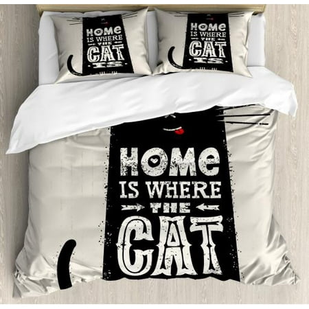 Cheeks Boots Funny Words Queen Size Duvet Cover Set, Tongue-in-Cheek Black Cat Figure with Inspirational Quote Stained Backdrop, Decorative 3 Piece Bedding Set with 2 Pillow Shams, Black and Beige, by Ambesonne ()