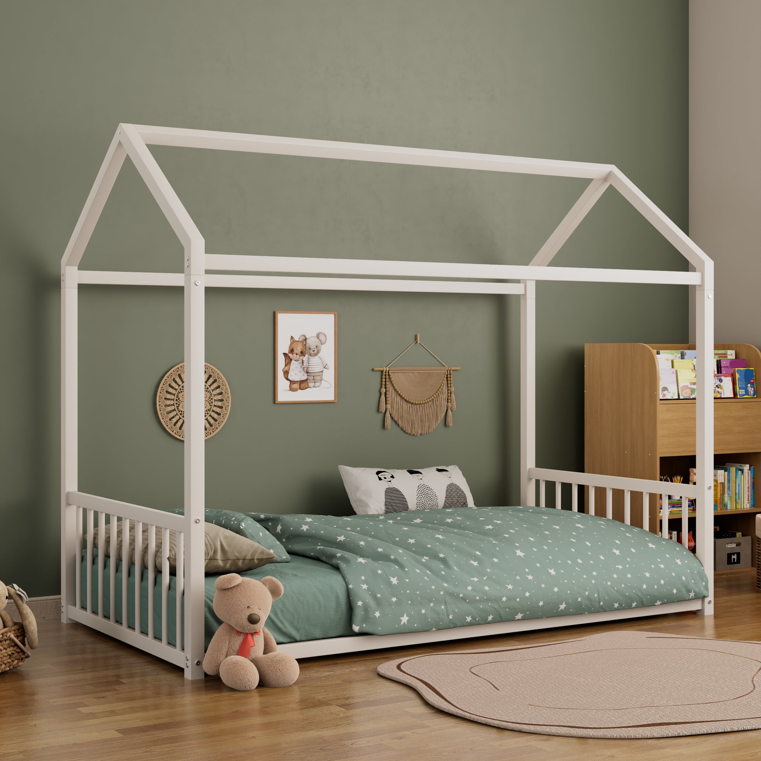 Euroco Metal Twin Size Canopy Bed, Low Profile House Bed with Guardrails, White