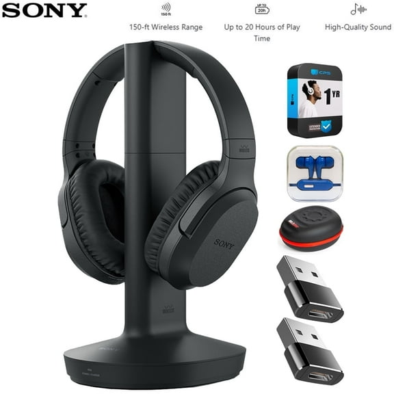 Sony WHRF400 Wireless Home Theater Headphones Black Bundle with Mizco Travelocity In-Ear Headphone (Colors May Vary), Headphone Case, 2x Converter Adapter and 1 YR CPS Enhanced Protection Pack