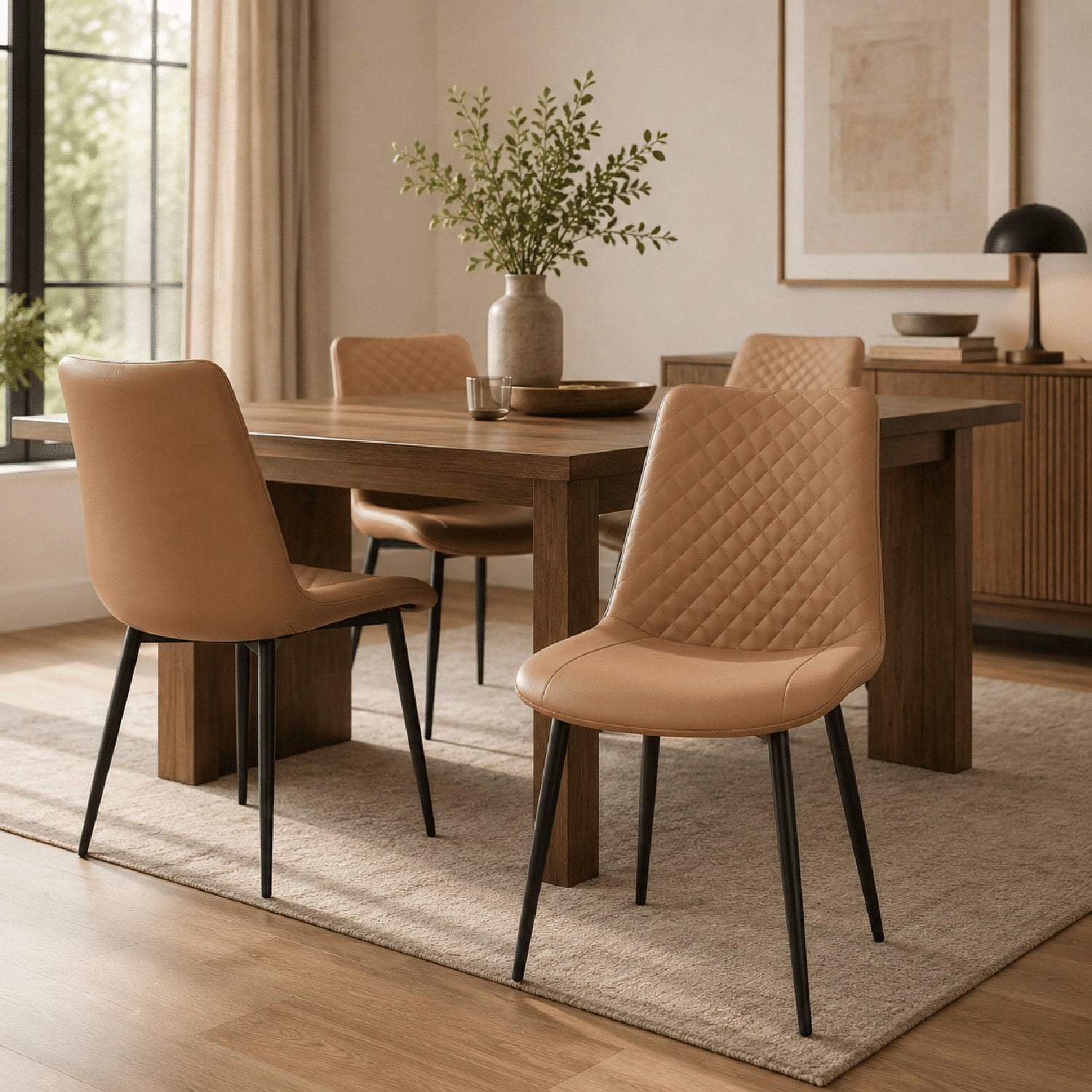 Modern PU Leather Dining Chairs, Set of 2, Foam-Padded Faux Leather Seat with Metal Frame, Diamond-Quilted Upholstery for Dining Room, Kitchen, Living Room
