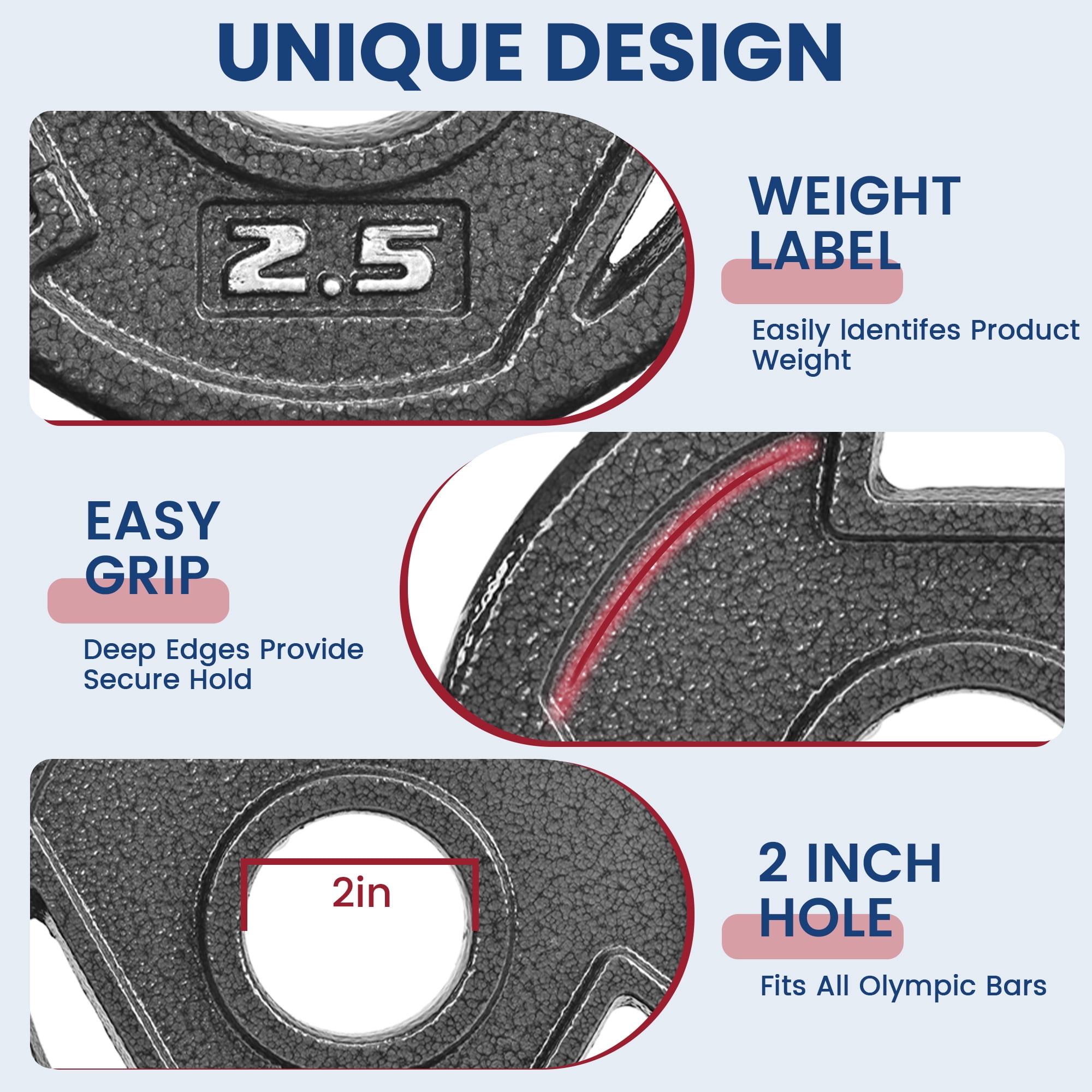FlexWave Cast Iron Weight Plates, 2" Center Hole, Pair Set with 3-Grip Handles, Gray Rust-Resistant Finish