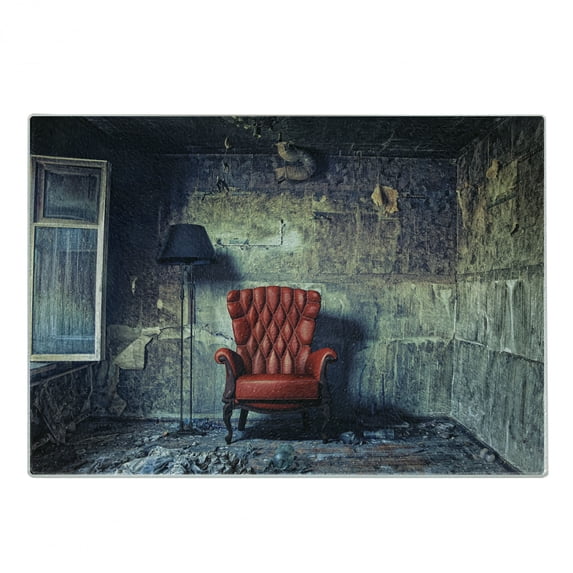 Antique Cutting Board, Old Armchair in Grunge Retro Interior Damaged Messy Abandoned House Old, Decorative Tempered Glass Cutting and Serving Board, Small Size, Pale Green Red Black, by Ambesonne