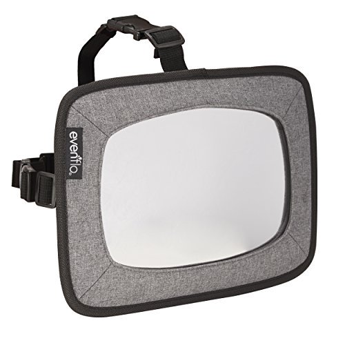 espejo para bebé evenflo para niños mirando hacia atrás en el asiento trasero gris con marco acolchado gris y correa ajustable para reposacabezas; vista frontal rectangular con superficie reflectante y etiqueta Evenflo en el lateral. Apto para montaje horizontal o vertical y a menudo usado como espejo auxiliar para vigilar al bebé durante viajes.