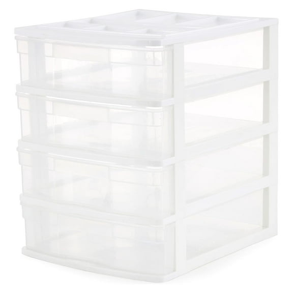 4-Drawer Desktop and Countertop Organizer Drawer Set, White/Clear