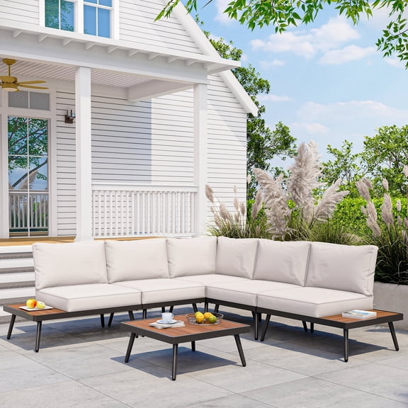 LAUSAINT HOME 6-Piece Patio Furniture Set, Metal Conversation Sofa Set with 5 Chairs, 1 Coffee Table and Plush Beige Cushions