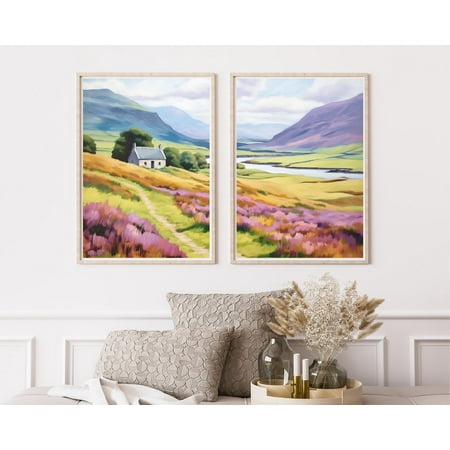 UNFFRAMED Scottish Highlands Poster, Set Of 2, Heather Landscape Wall Art, Scotland Travel Decor, Rural Countryside Poster, Highland Artwork Set 2 Prints 12x18