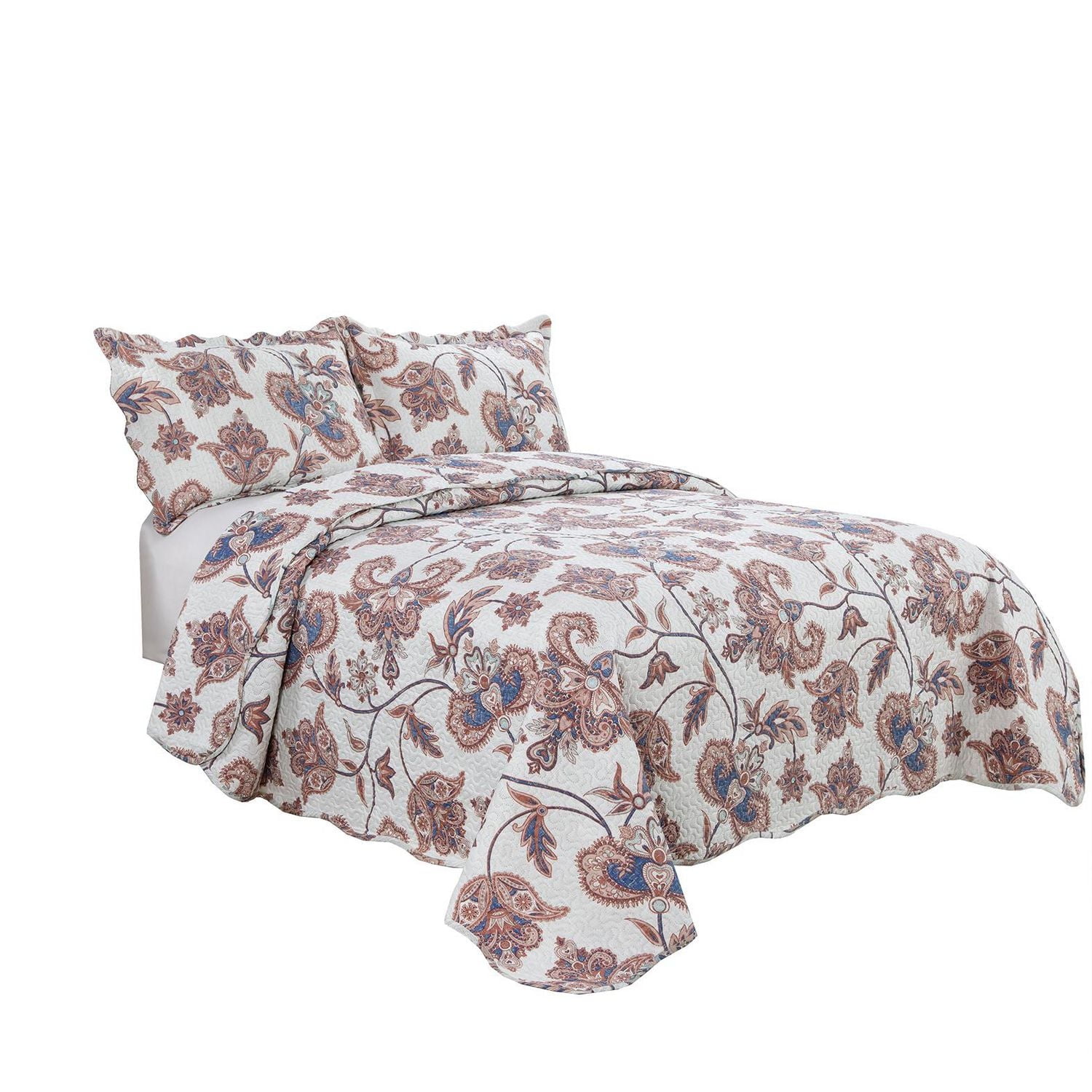 Marina Decoration Rich Printed Embossed Pinsonic Coverlet Bedspread Ultra Soft Bedding Summer Quilt Set with Shams, Taupe Paisley Floral Pattern