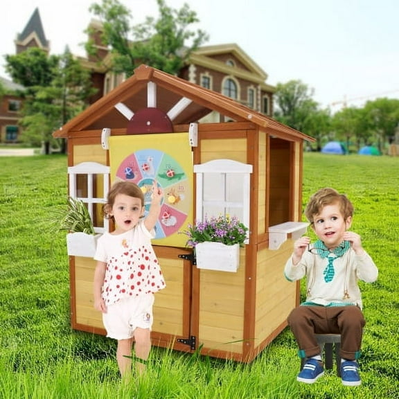 Uhomepro Outdoor Playhouse for Kids Ages 3-8, Wooden Playhouse with Working Door & Windows | Pretend Play House for Backyard, Garden & Yard