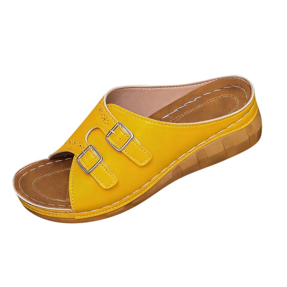 Wensltd Womens Sandals Comfortable Solid Color Thick Sole Beach Peep Toe Wedge Sandals Summer Vacation and Beach Slippers Yellow