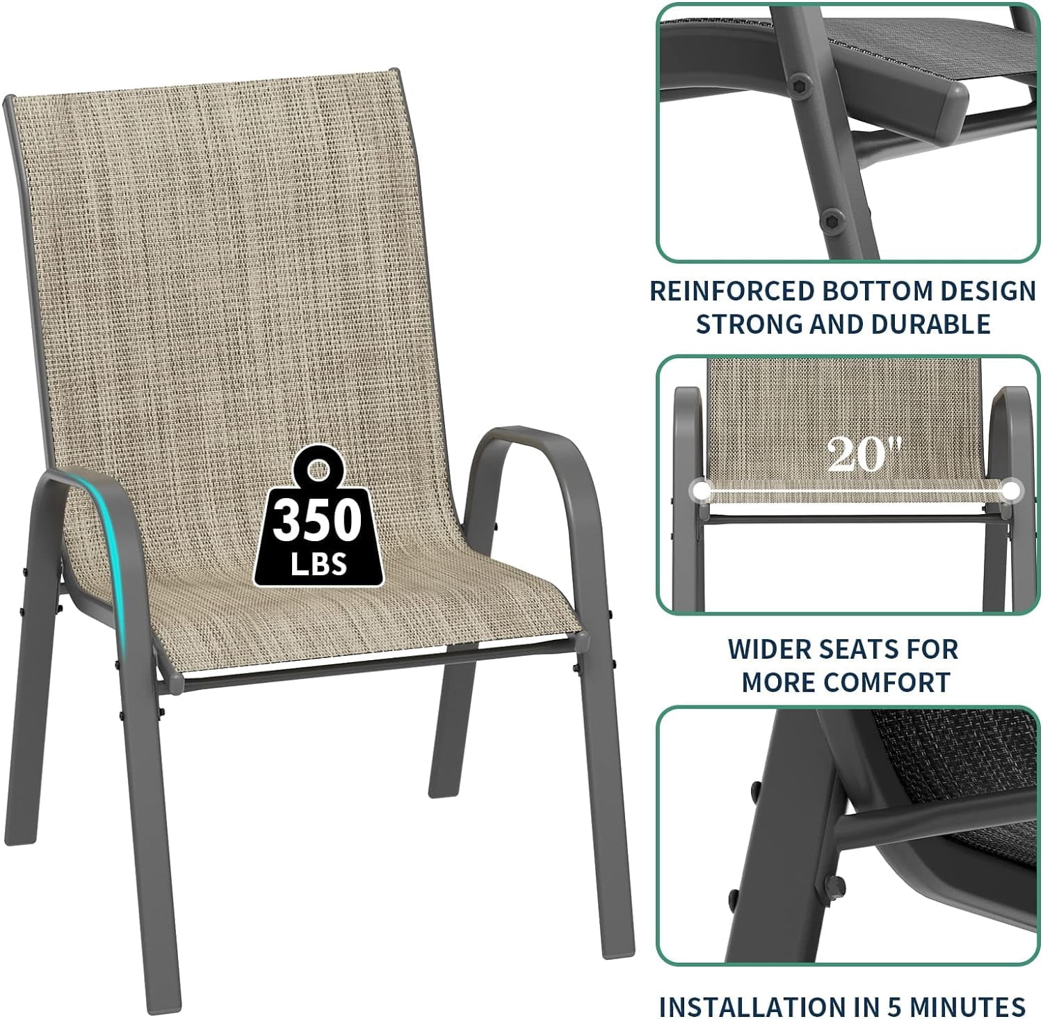 UDPATIO Patio Dining Chairs Set of 4, Outdoor High Stacking Chairs, Indoor/Outdoor Chairs Backyard Deck Garden Chairs, Restaurant Kitchen Dining Trattoria Chairs Khaki