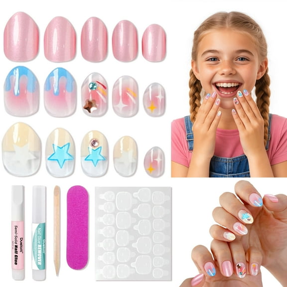 6-12 Years Press on Nails for Girls,3D French Fake Nails Kit with Jelly Adhesives & Builder Glue, 24pcs Reusable Glitter Full Cover Stick on Nails for Tweens
