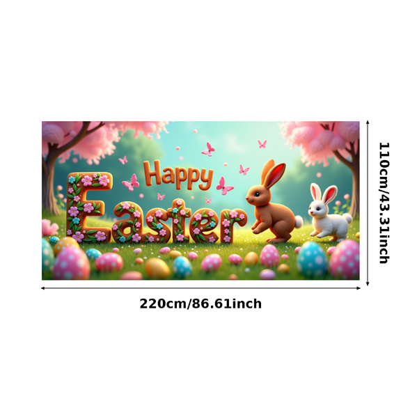Easter Themed Decorative Background Happy Easter Banner with Bunny Eggs and Flowers Party Decoration Easter Celebration Photography Prop Spring Festival Decor
