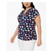 ANNE KLEIN Womens Navy Printed Cap Sleeve Top 2X Plus