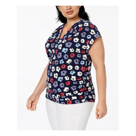 ANNE KLEIN Womens Navy Printed Cap Sleeve Top 2X Plus