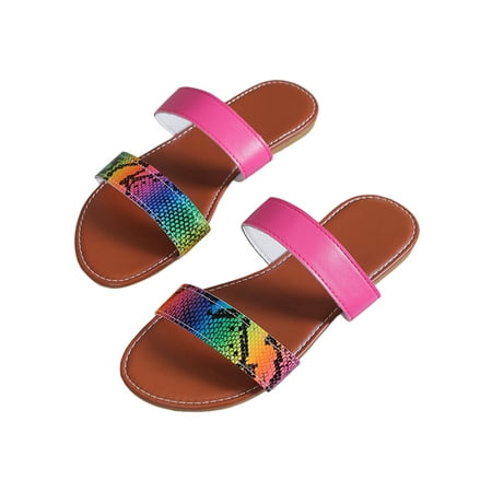 

Woobling Women s Fashion Sandal Slip On Flat Sandals Open Toe Summer Slides Ladies Slippers Nonslip Beach Shoes Color Block Comfort Rose Red 5.5